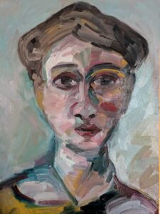 Cette peinture représente un visage à la peinture à l'huile avec beaucoup de matières et de couleurs. Elle appartient à la série Des Visages, Des Virages, Des Mirages. Elle mesure 28,7x42 cm et a été peinte sur une planche de bois préparée à la colle de peau. 