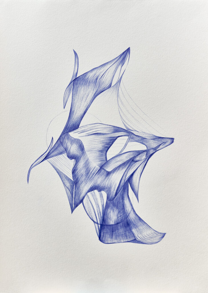 Dessin stylo BIC bleu forme organique imaginaire émanant de l'univers végétal ou minéral. 