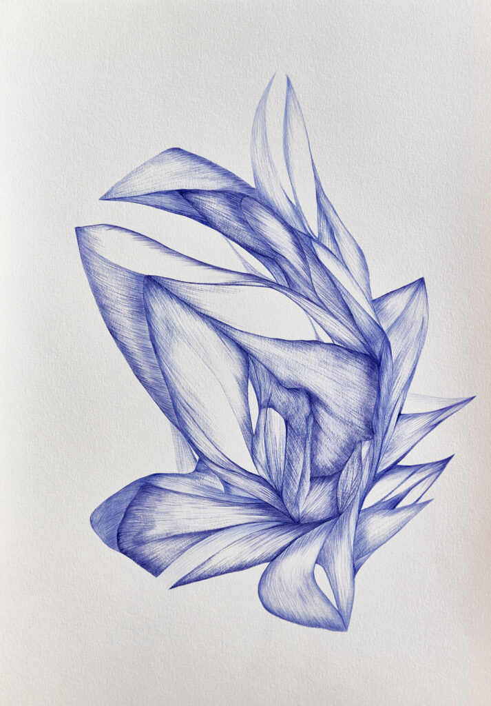 Dessin stylo BIC bleu forme organique imaginaire émanant de l'univers végétal ou minéral. 